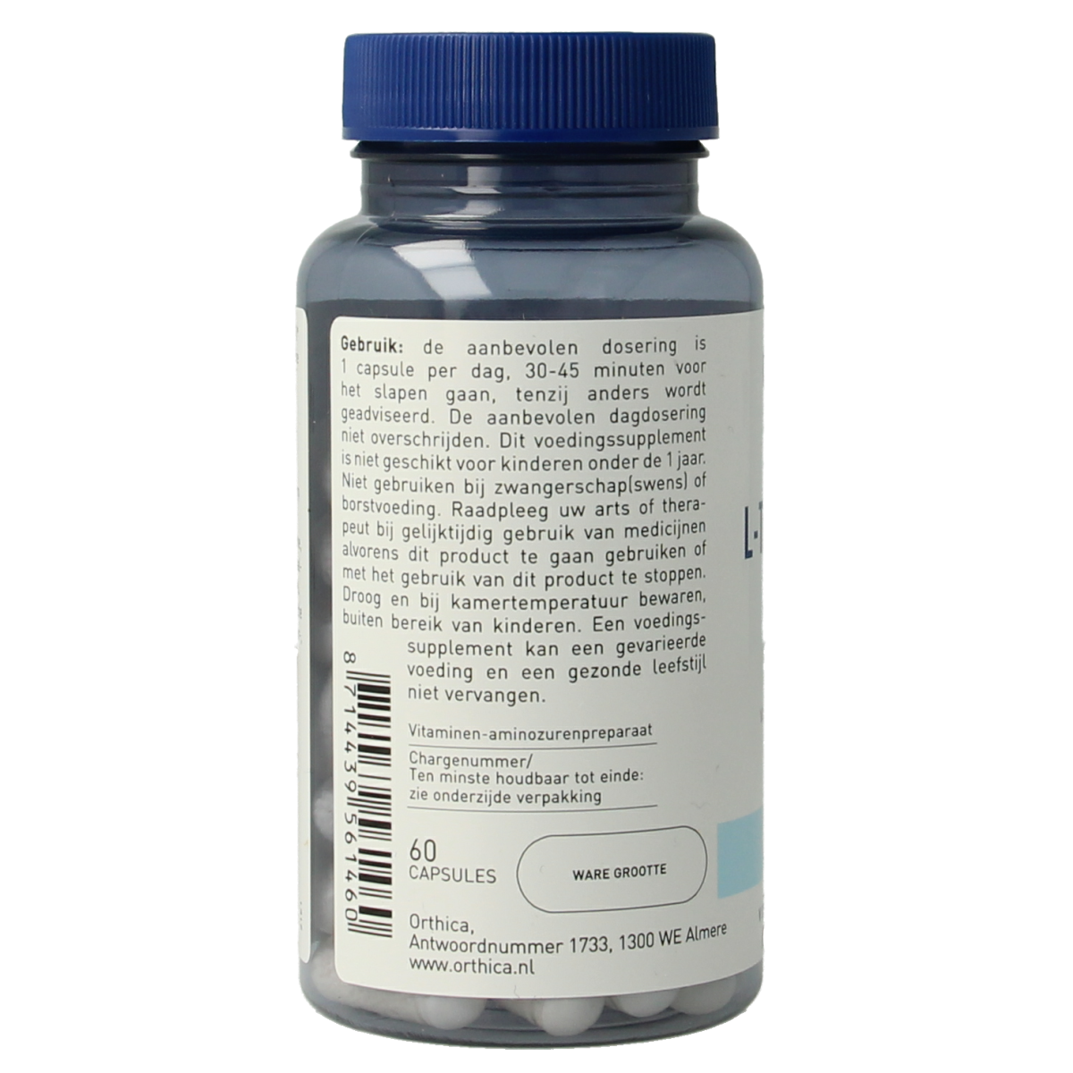 Orthica L-Tryptofaan 400 capsules, dietary amino acids supplement, showing the bottle with capsules inside.