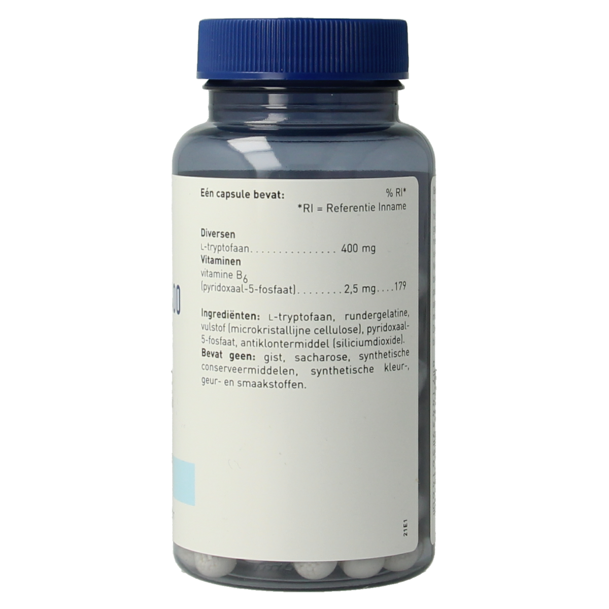 Orthica L-Tryptofaan 400 capsules, dietary supplement with amino acids, shown in a bottle with capsules inside.