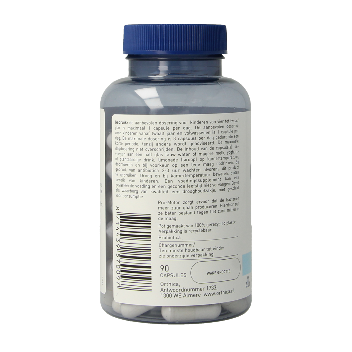 Close-up of Orthica Orthiflor Basic probiotic capsules containing micro-organisms for digestive health.