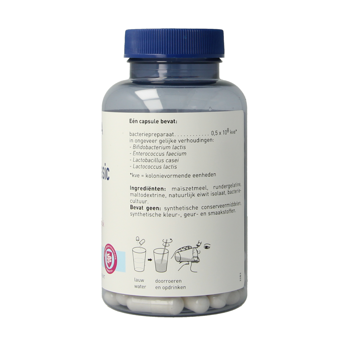 Orthica Orthiflor Basic probiotic capsules containing micro-organisms, shown in a bottle with 90 capsules.