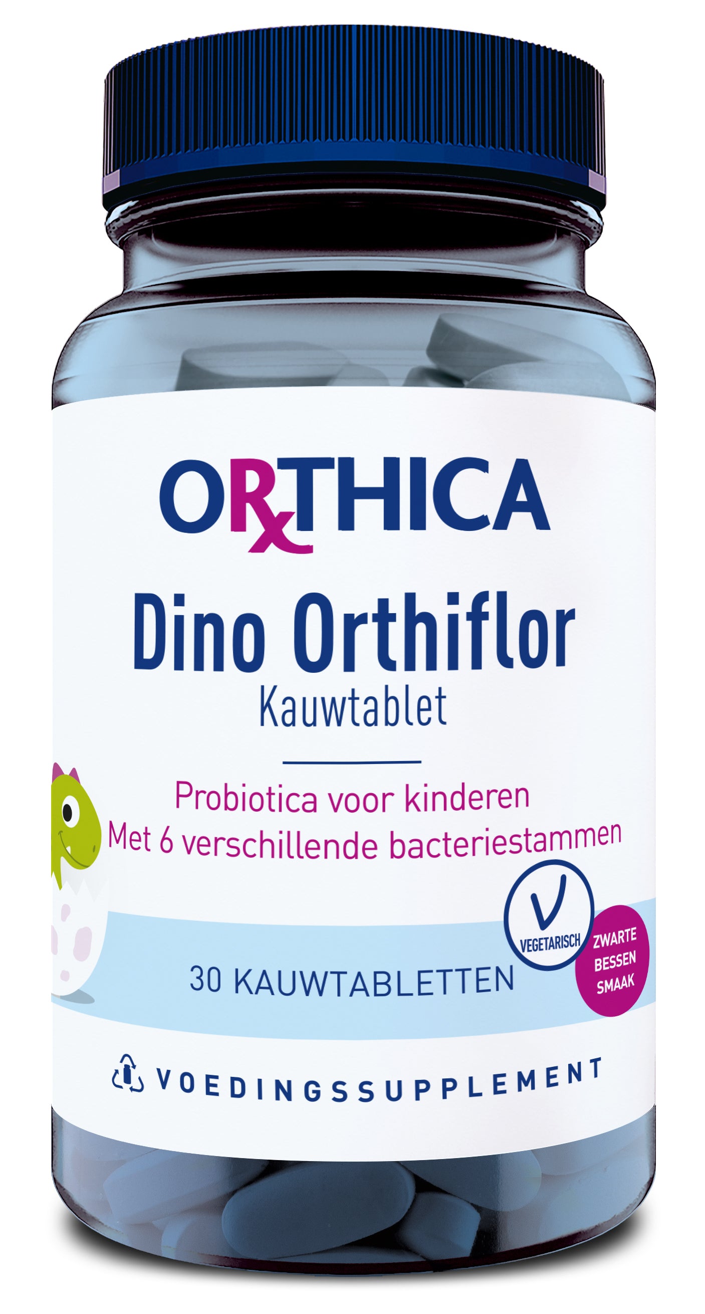 Orthica Dino orthiflor 30 tablets showing micro-organisms in a blister pack, designed to support digestive health.