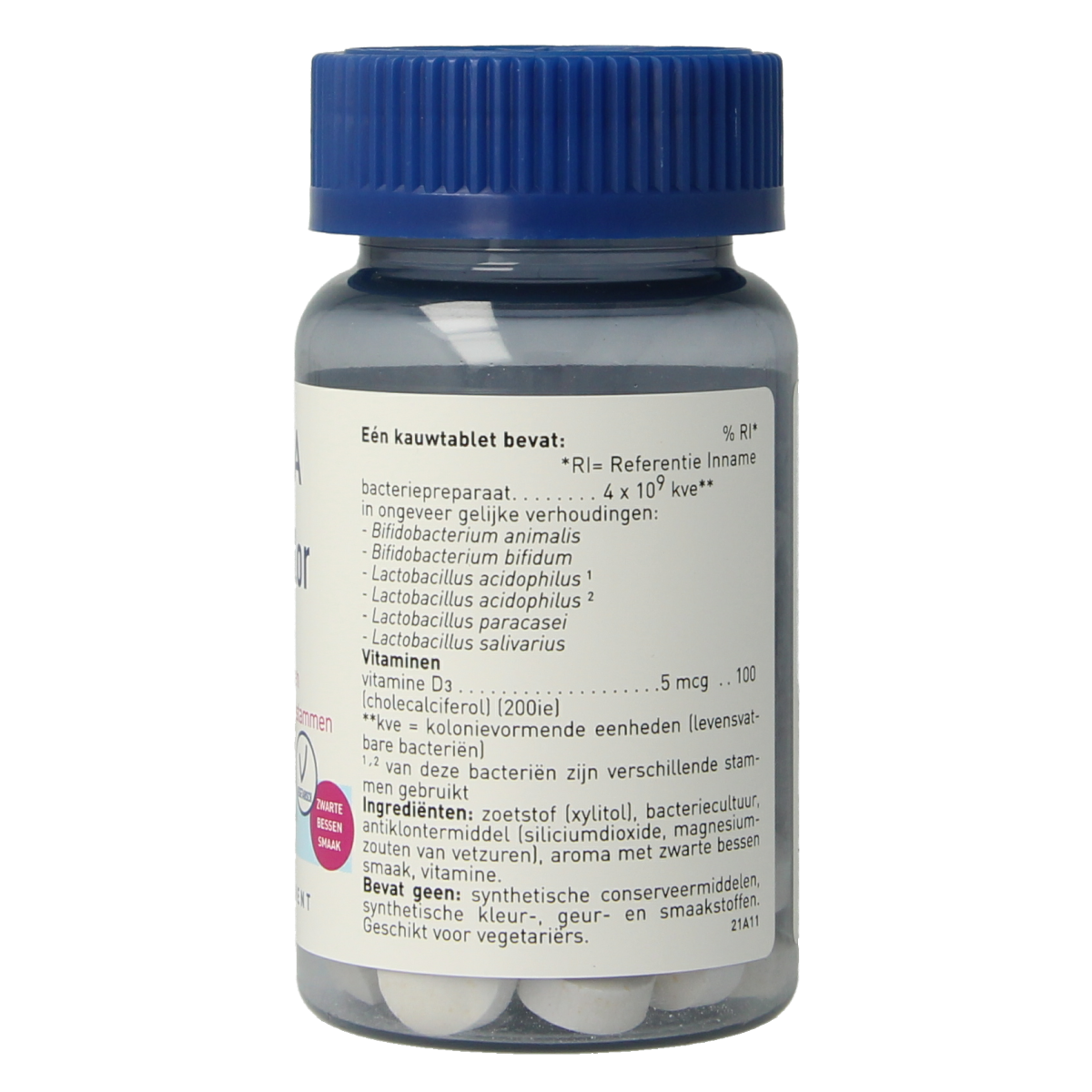 Orthica Dino orthiflor micro-organismen probiotic tablets, 30 count, showing the supplement packaging and tablets inside a blister pack.