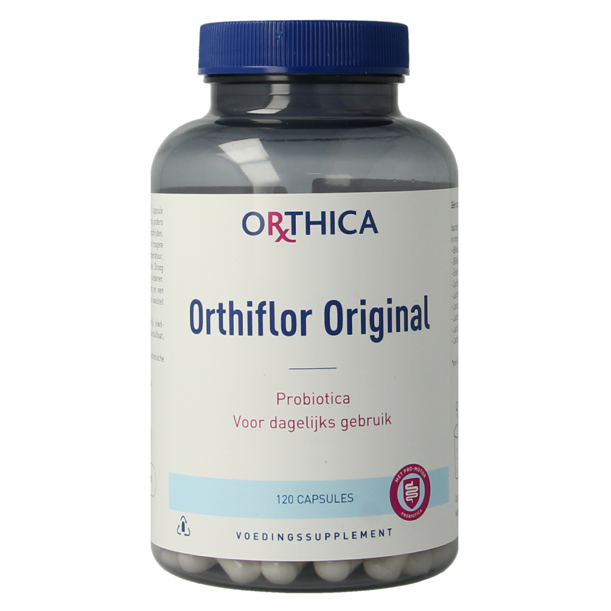 Orthica Orthiflor original probiotic capsules with micro-organisms, displayed in a bottle on a white background.