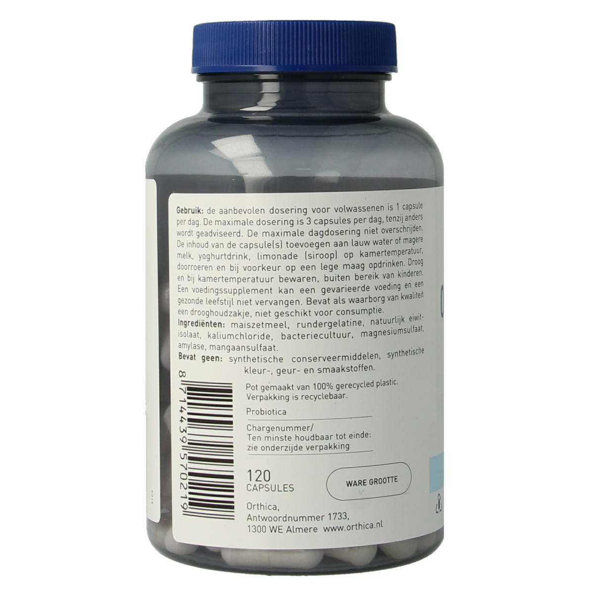 Orthica Orthiflor original probiotic capsules featuring micro-organisms in a white bottle with a label.