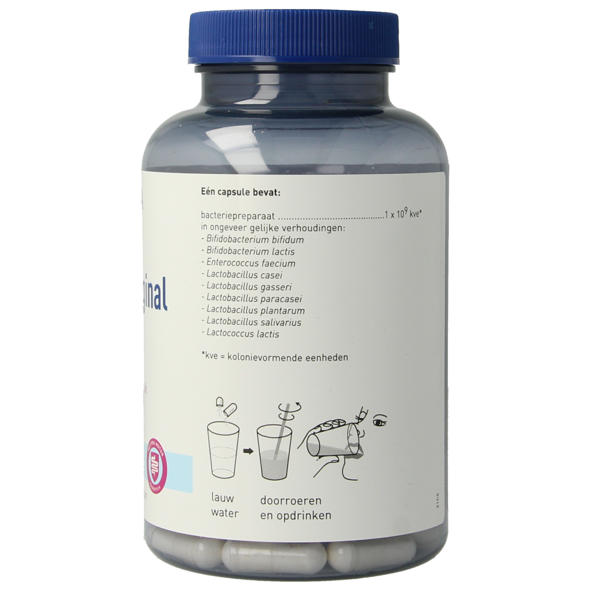 Orthica Orthiflor original probiotic capsules containing micro-organisms, 120 capsules in a white bottle.