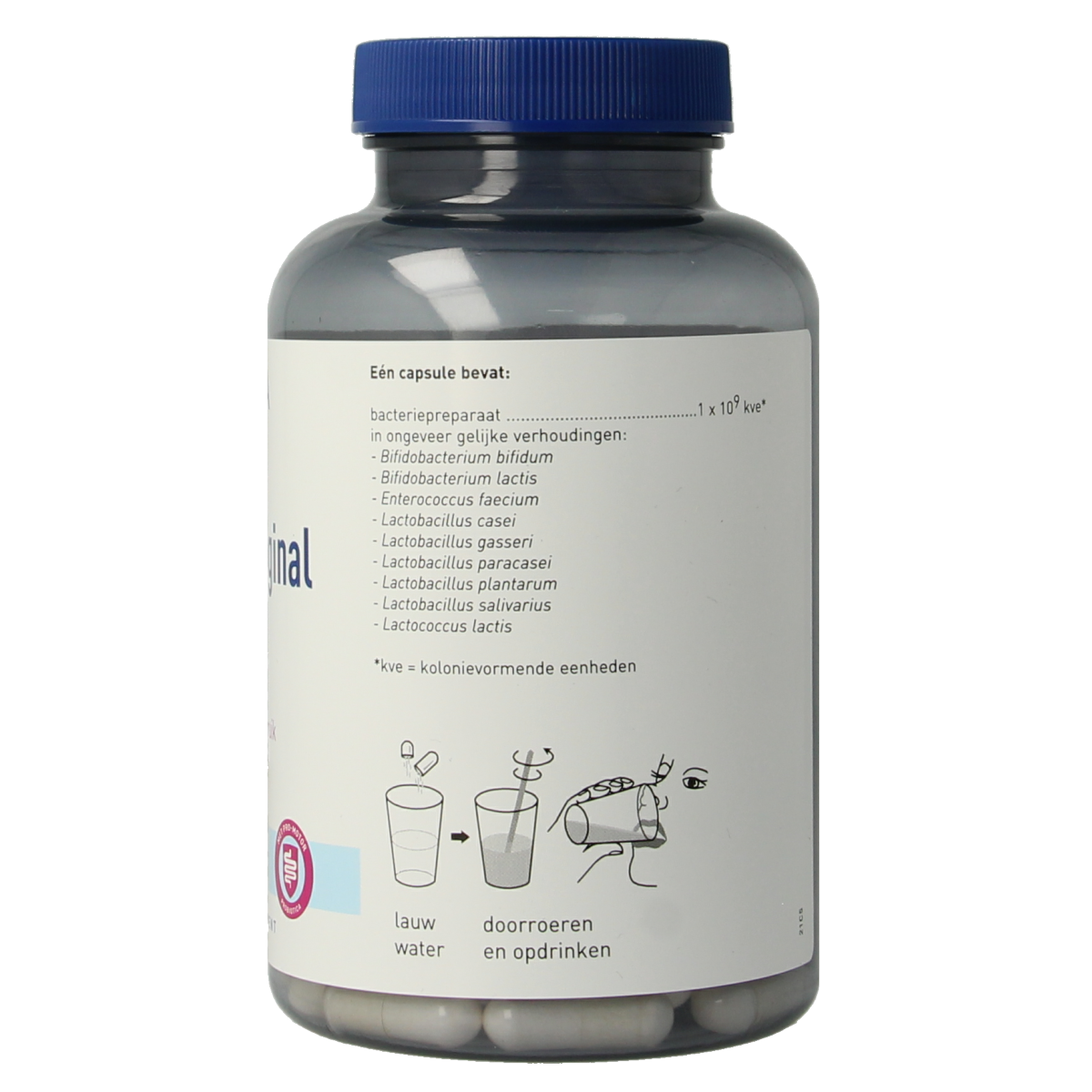 Orthica Orthiflor original probiotic capsules with micro-organisms, displayed in a clear bottle on a white background.