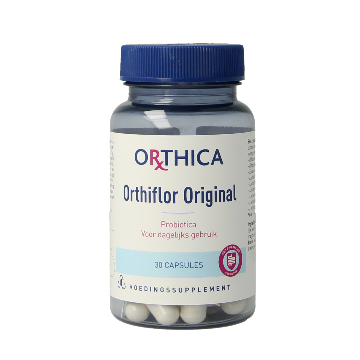 Orthica Orthiflor original probiotic capsules with micro-organisms, 30-count bottle for digestive health.