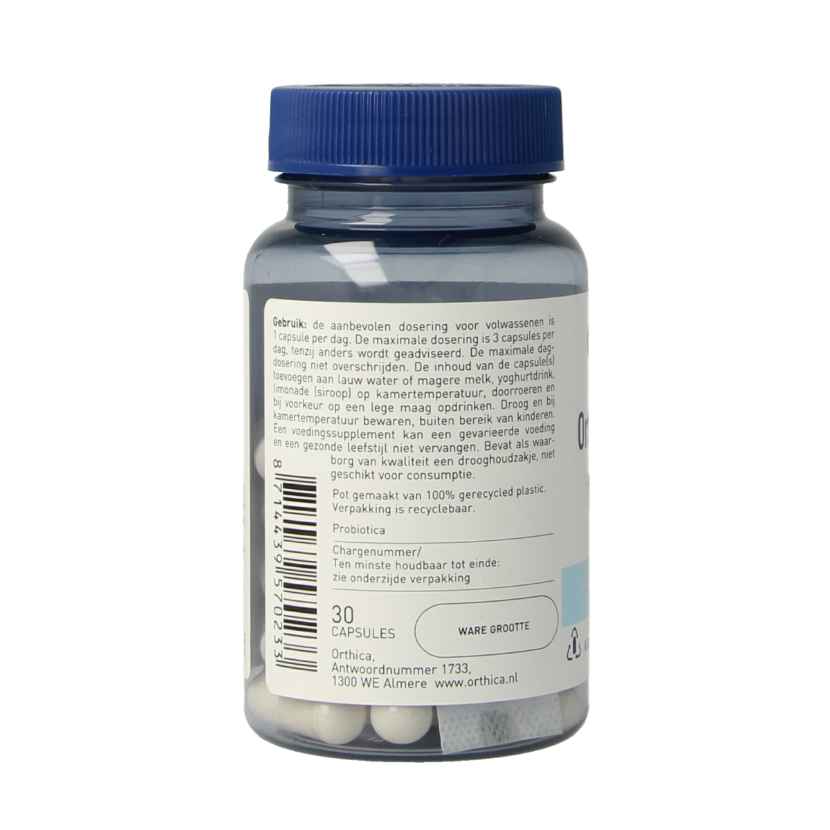Orthica Orthiflor original probiotic capsules containing micro-organisms, 30 capsules in a clear container.