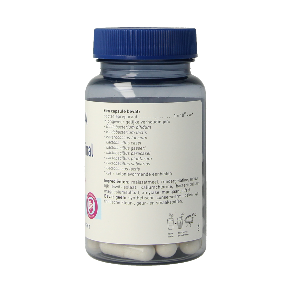 Orthica Orthiflor original probiotic capsules containing micro-organisms, displayed in a container.