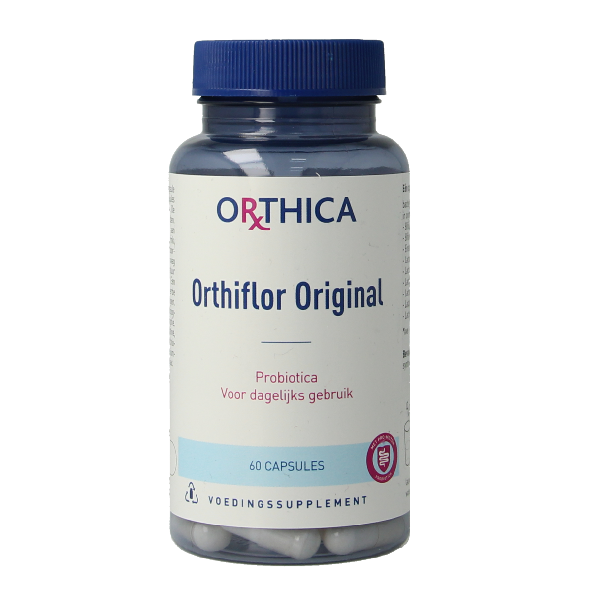 Orthica Orthiflor original probiotic capsules with micro-organisms, shown in a bottle, 60 capsules for digestive health.