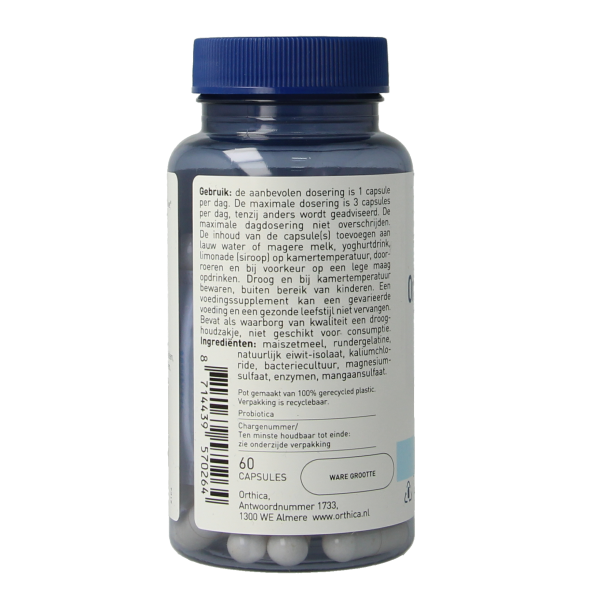 Orthica Orthiflor original micro-organismen capsules, 60 count, showing the supplement bottle with capsules inside.
