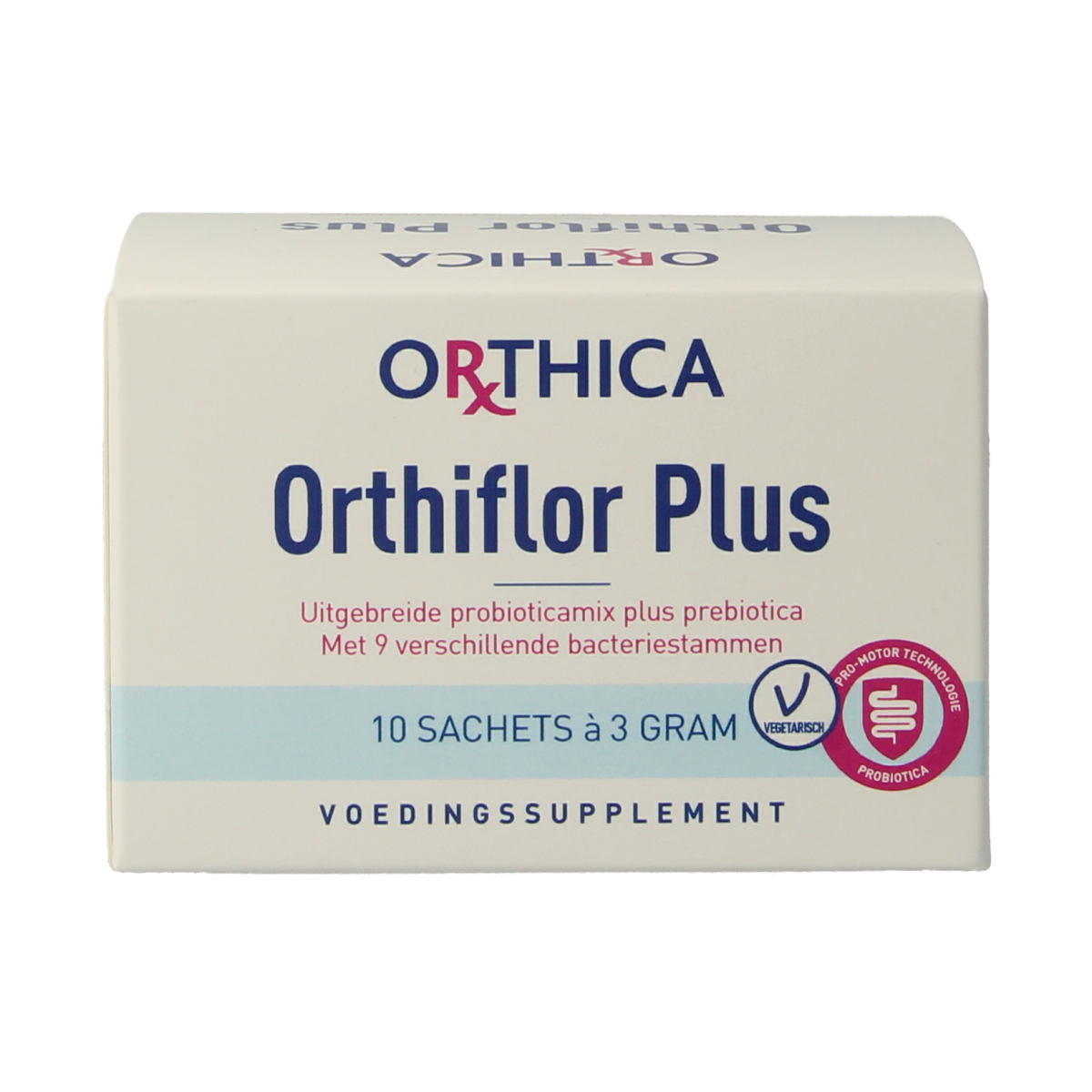 Orthica Orthiflor Plus probiotic sachets with micro-organisms, showing the packaging and sachets, for digestive health support.