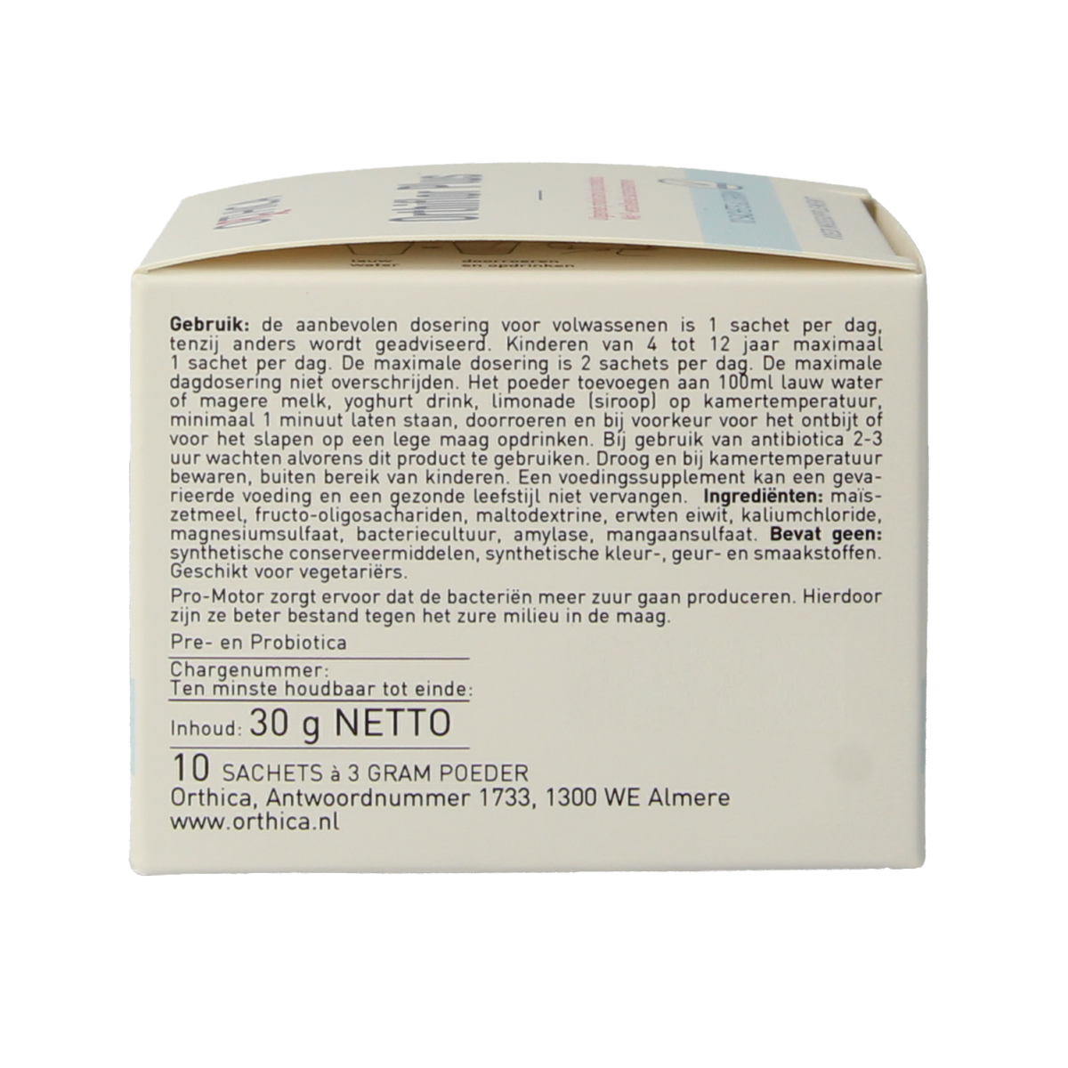 Orthica Orthiflor Plus probiotic sachets with micro-organisms for digestive health, featuring a close-up view of the sachet packaging.