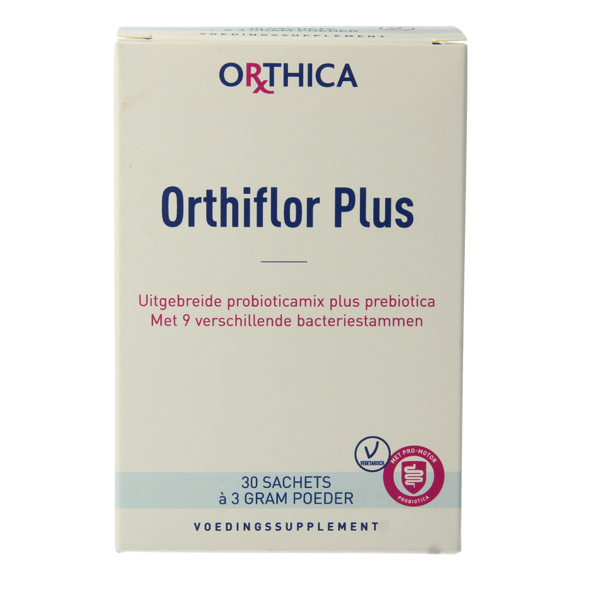 Orthica Orthiflor Plus probiotic sachets with micro-organisms, dietary supplement for digestive health.