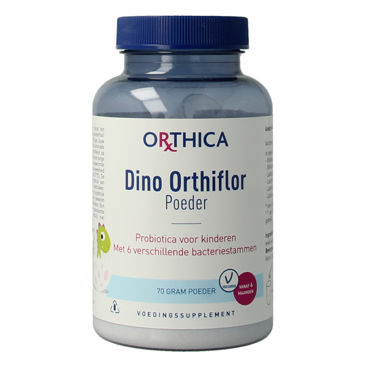 Orthica Dino orthiflor probiotic supplement in a 70g container, featuring micro-organisms for digestive health.
