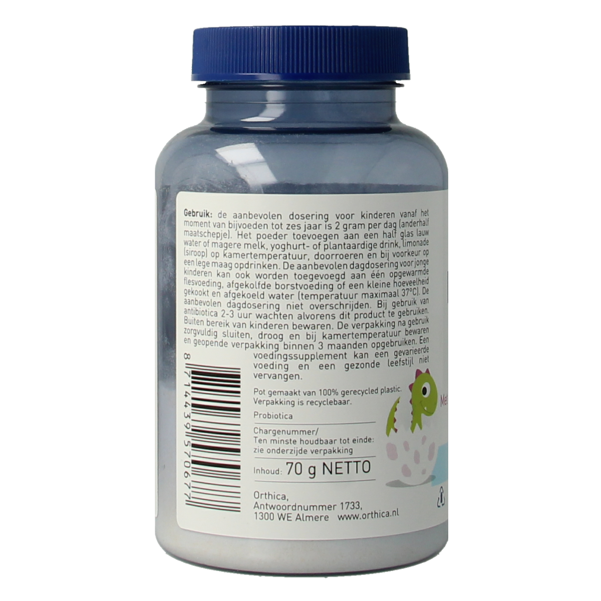 Orthica Dino orthiflor probiotic supplement in 70g container showing micro-organism capsules and packaging.