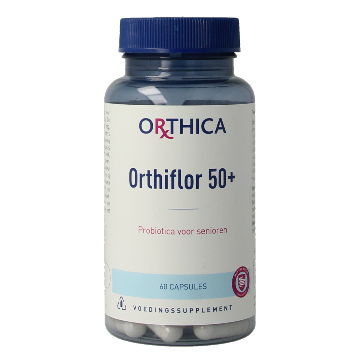 Orthica Orthiflor 50+ senior probiotic capsules containing micro-organisms in a clear bottle with capsules inside.