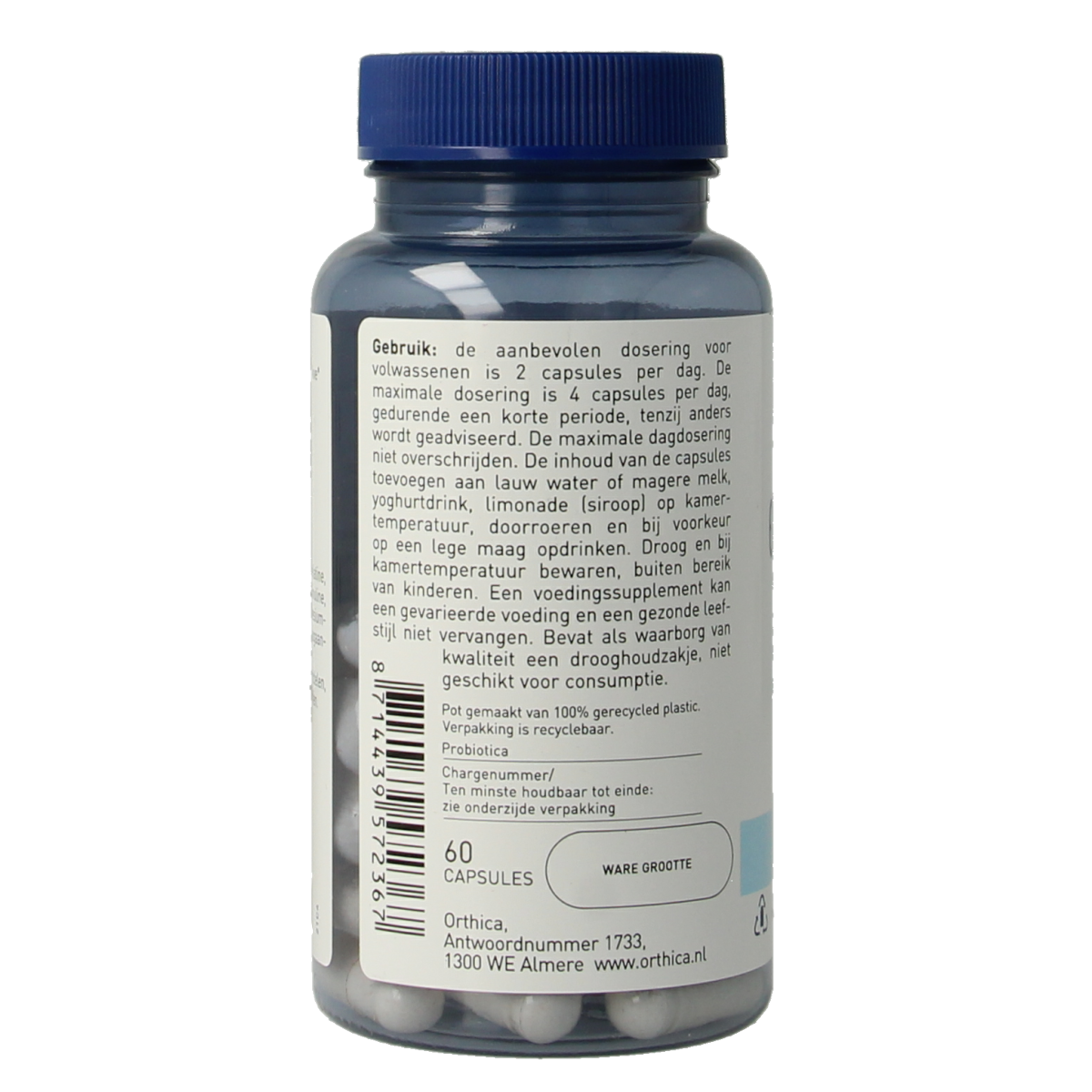Orthica Orthiflor 50+ senior probiotic capsules with micro-organisms, showing the supplement bottle and capsules.