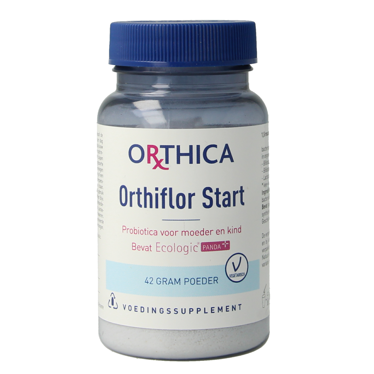 Orthica Orthiflor start 42g micro-organisms supplement in a clear container with label showing probiotic powder.