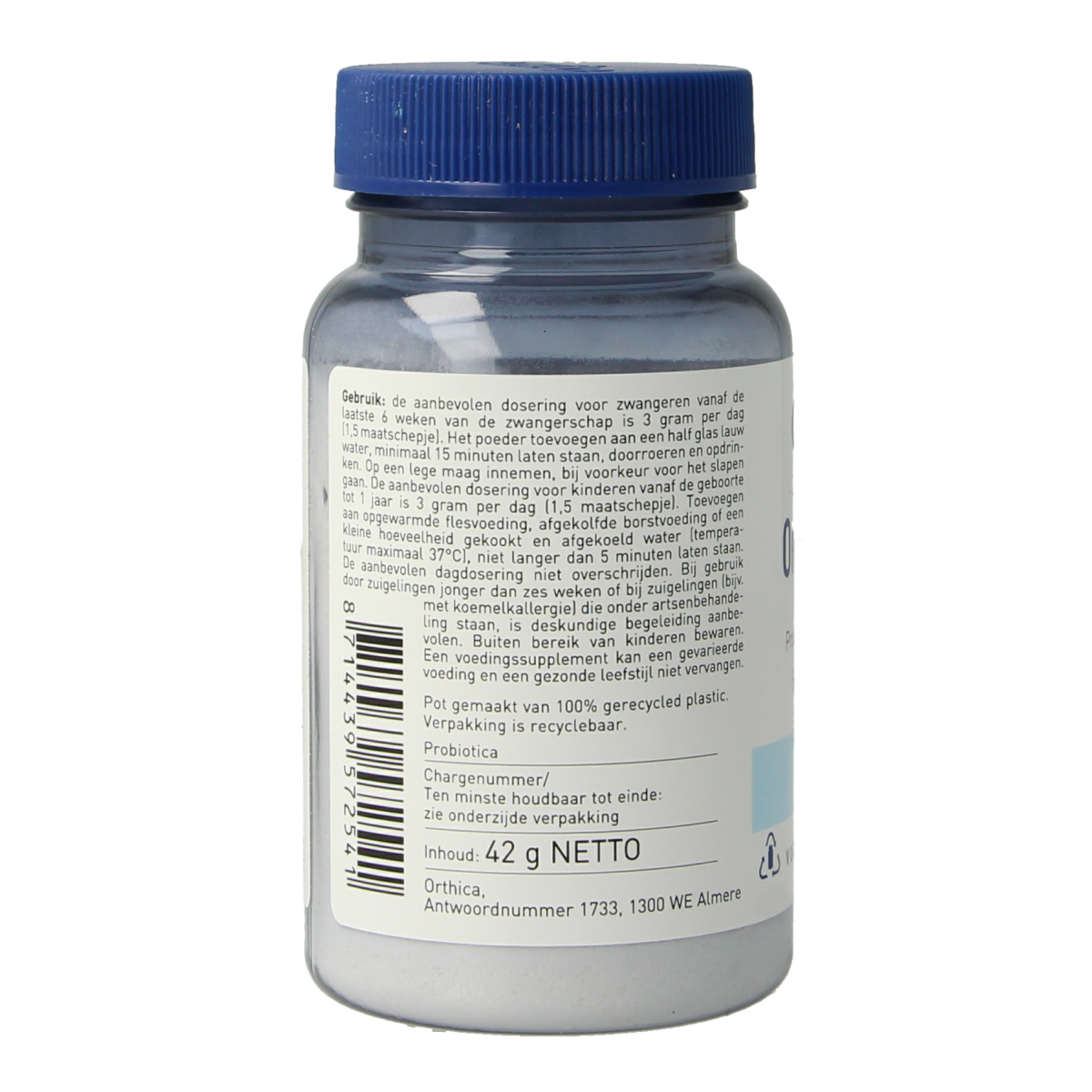 Orthica Orthiflor Start probiotic supplement with micro-organisms, 42 grams, in a clear container showing the product label.