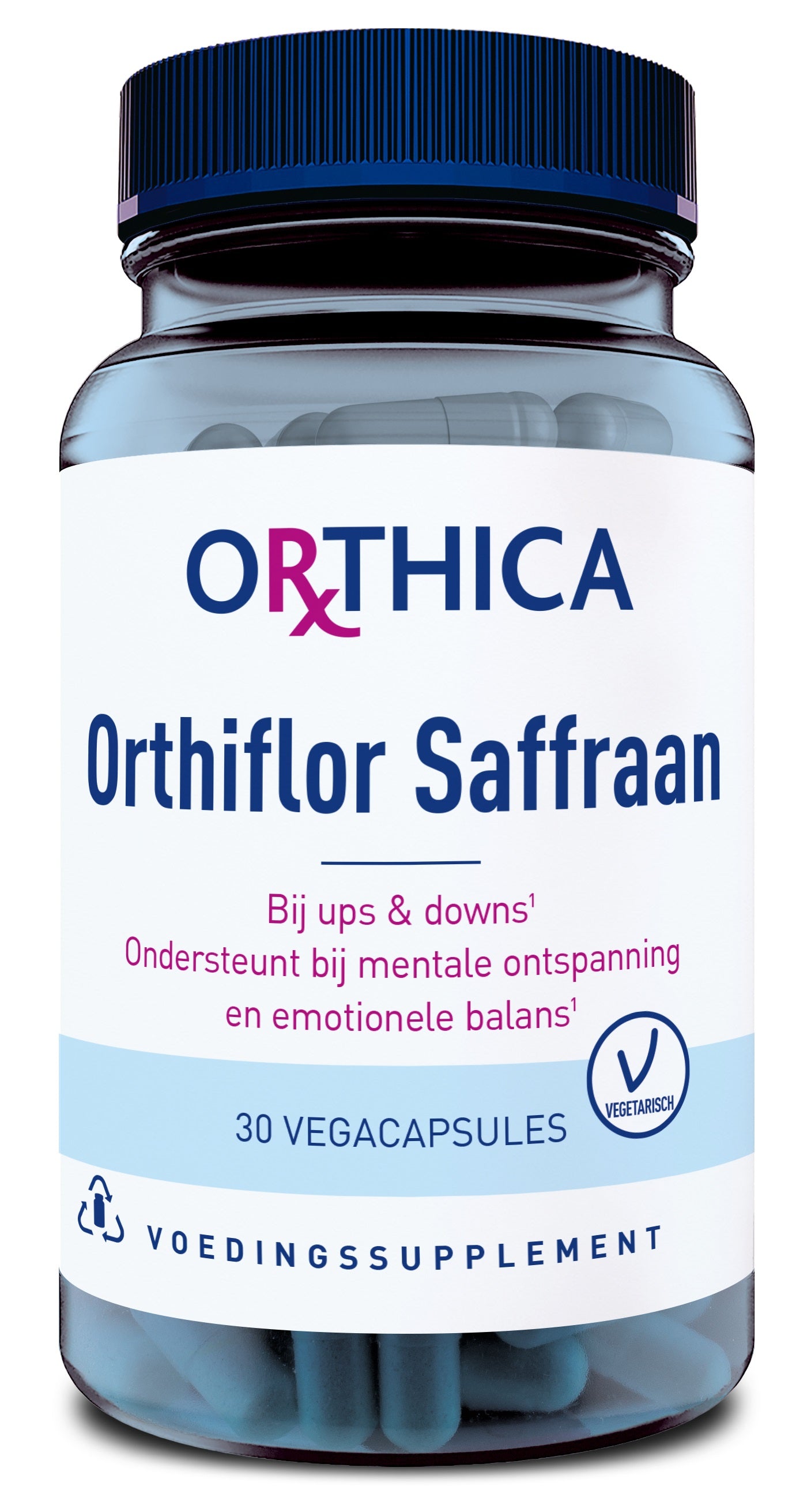 Orthica Orthiflor saffraan vegetarian capsules in a bottle, herbal supplement for wellness and vitality.