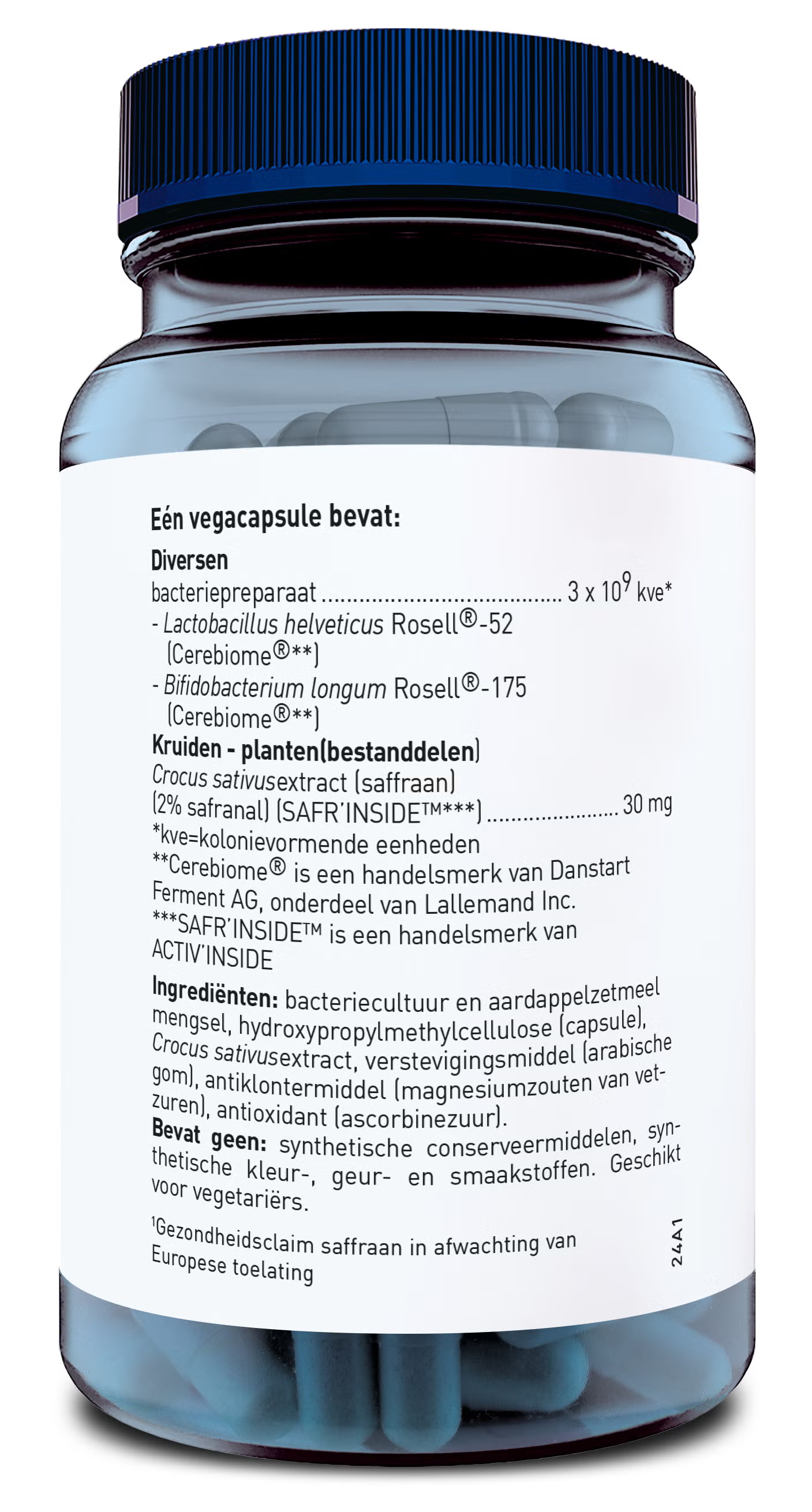 Orthica Orthiflor saffraan herbal capsules, vegetarian supplement, with saffron, shown in a clear bottle and capsules.