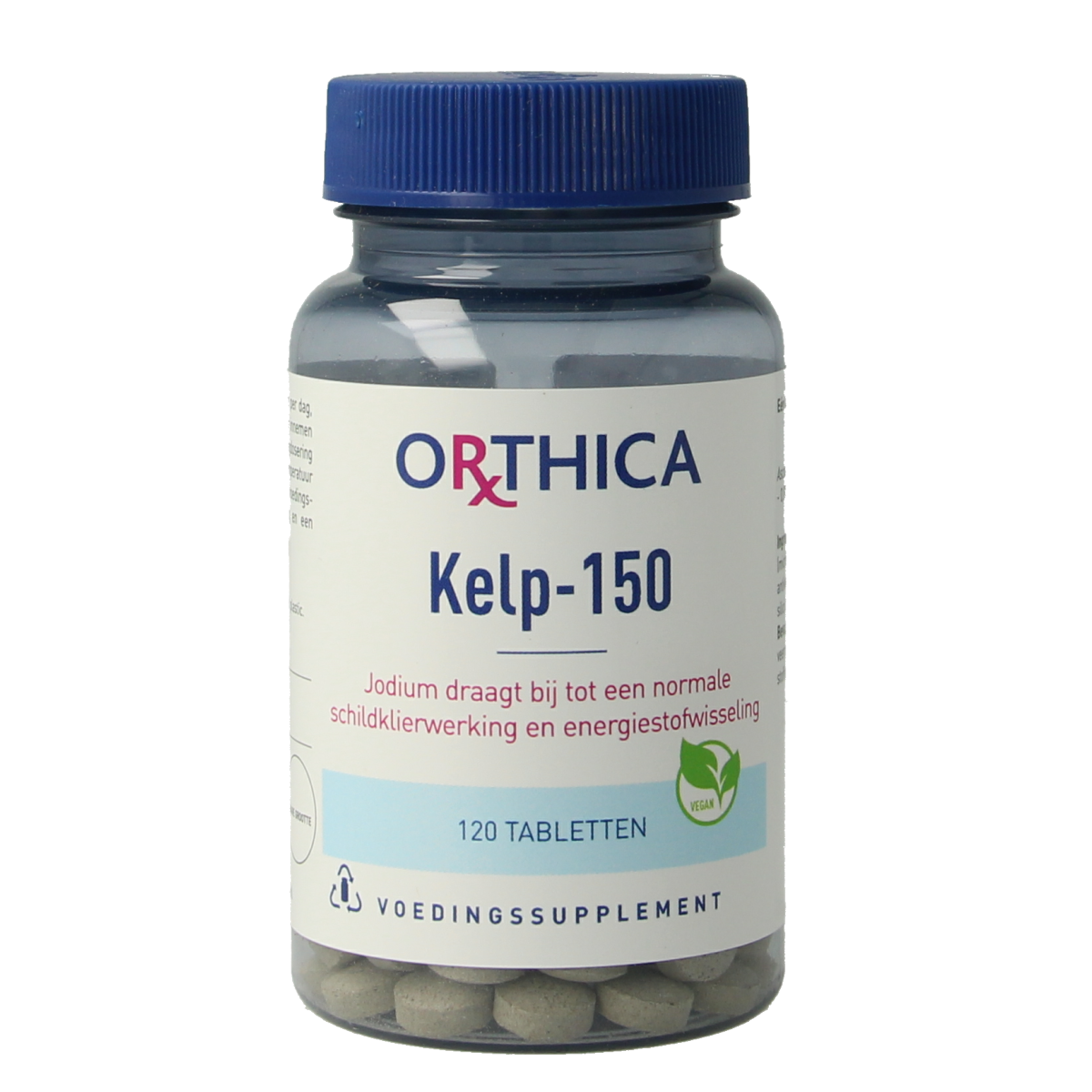 Orthica Kelp 150 mineral tablets showing green kelp supplement tablets in blister pack for healthy mineral intake.