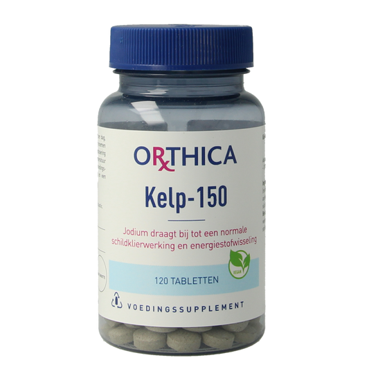 Orthica Kelp 150 mineral tablets showing green kelp supplement tablets in blister pack for healthy mineral intake.