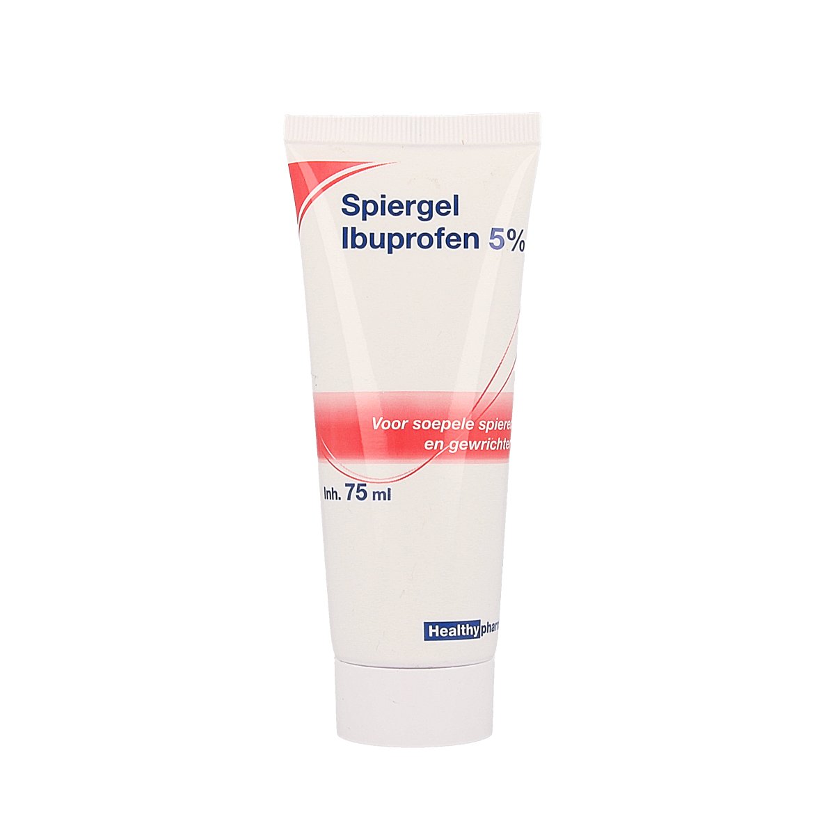 Healthypharm Ibuprofen gel 75ml for muscle and joint relief, featuring a tube of anti-inflammatory topical pain treatment.