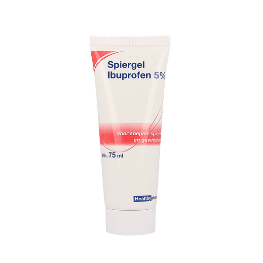 Healthypharm Ibuprofen gel 75ml for muscle and joint relief, featuring a tube of anti-inflammatory topical pain treatment.
