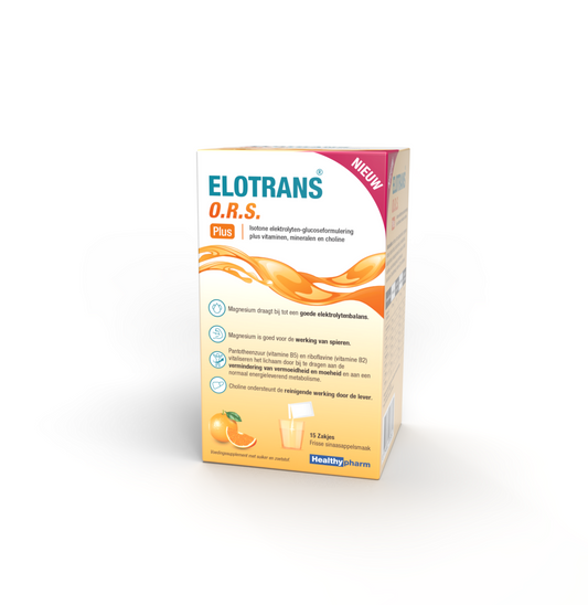 Elotrans O.R.S. Plus mineral electrolyte sachets, multi-mineral hydration powder in individual sachets, for rehydration and electrolyte balance.