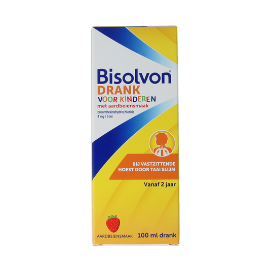 Bisolvon aardbei hoestdrank 100ml bottle with pink liquid, designed to soothe coughs and relieve throat irritation.