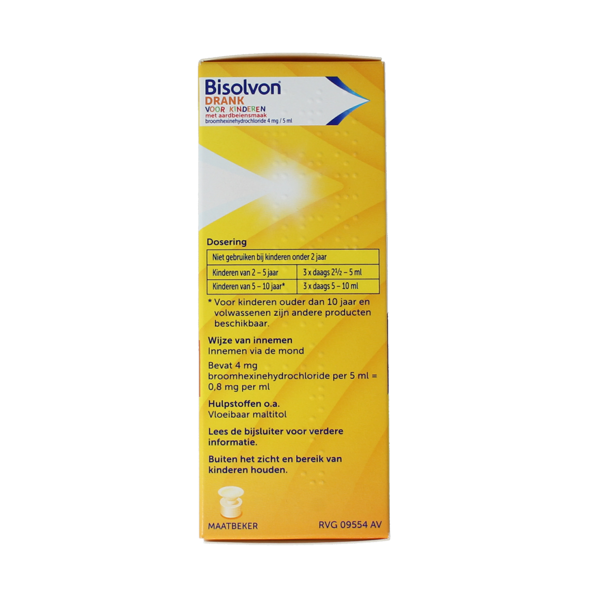 Bisolvon Drank kind aardbei 100ml, hoesten siroop for children with strawberry flavor, in a clear bottle with a white cap.