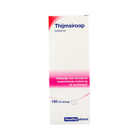 Healthypharm kruidensiroop in een 150ml fles, suikervrij en geschikt voor kruidenpreparaten, met een groene en witte label