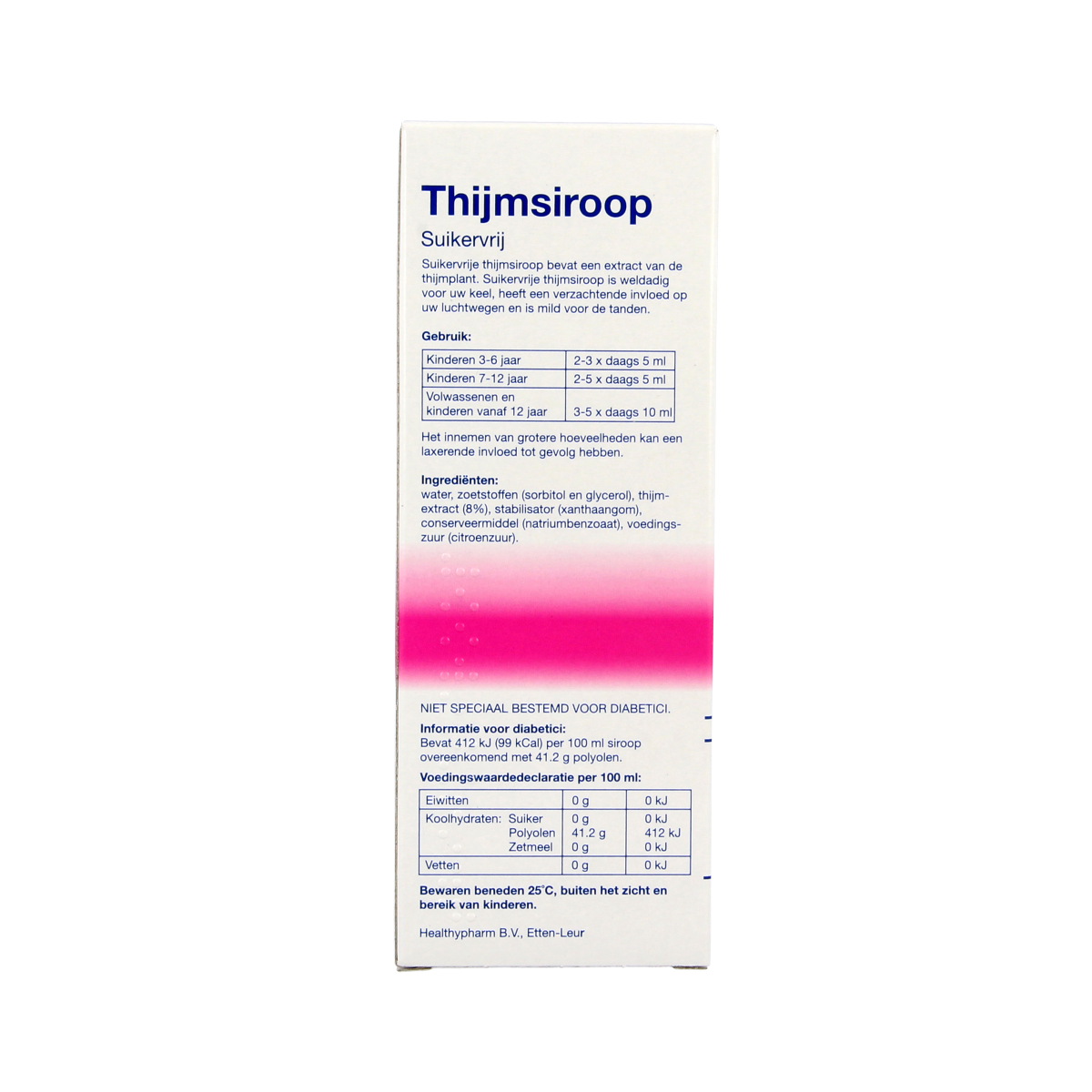 Healthypharm Thijmsiroop suikervrij herbal syrup in a 150ml bottle, shown in a clear image with herbal packaging.