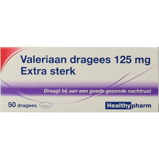 Healthypharm Valeriaan extra sterk 125mg herbal supplement dragees, showing the packaging with green and white design.