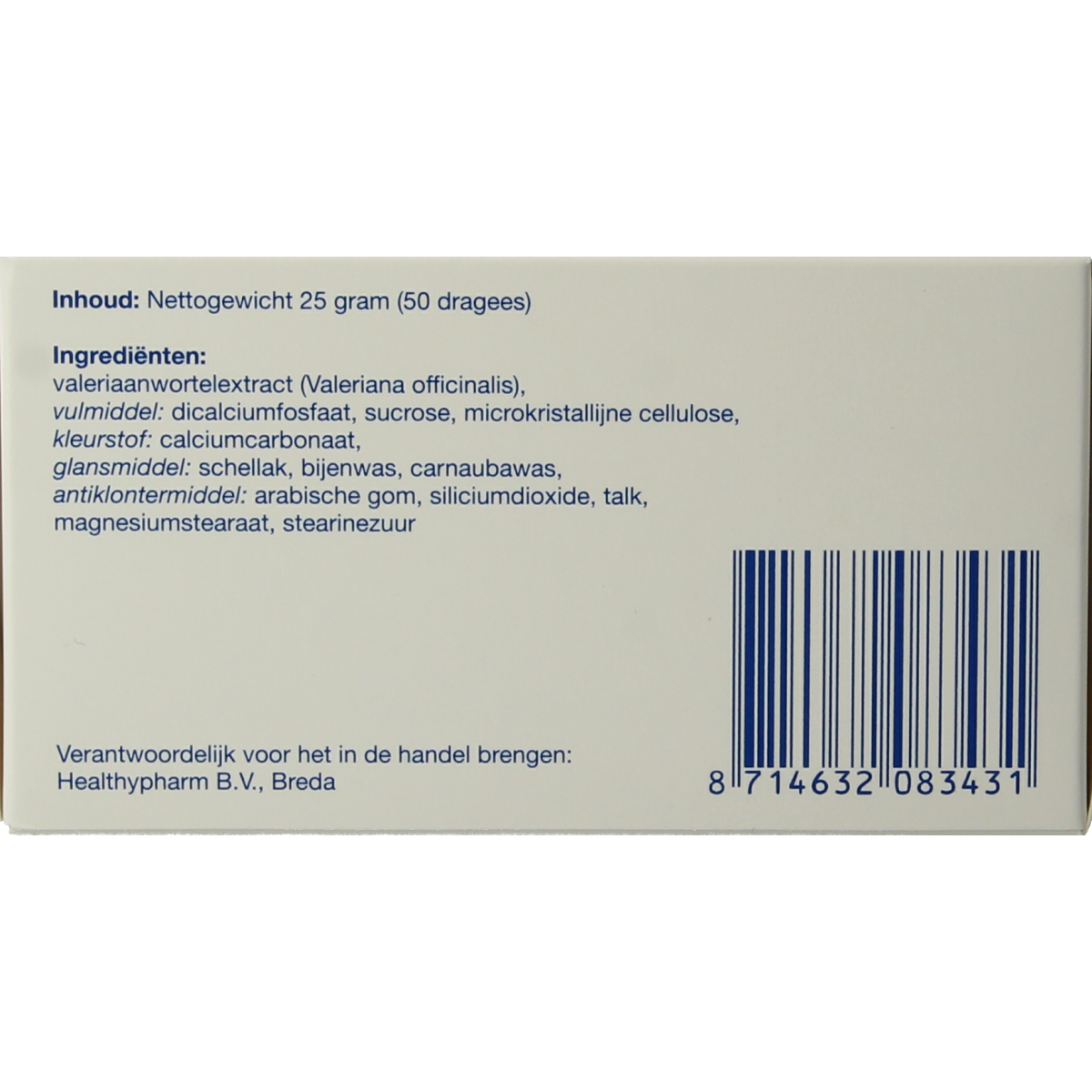 Healthypharm Valeriaan extra sterk 125mg herbal supplement with 50 dragees, featuring valerian root in a clear container.
