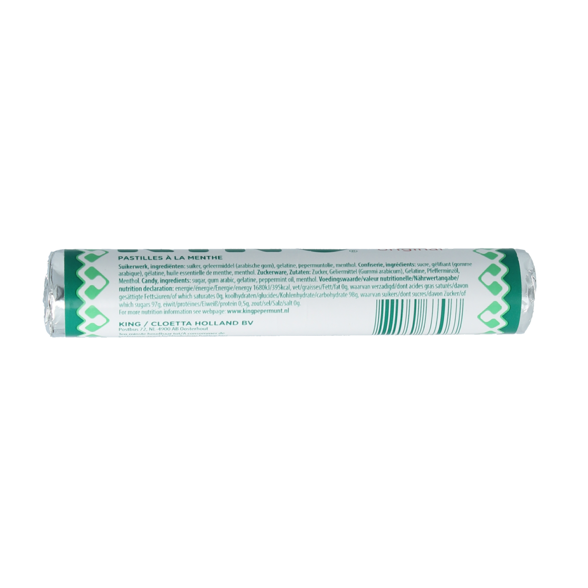 King Pepermunt extra strong candy roll, soft mint sweets from King brand, showing bright packaging and fresh mint flavor.