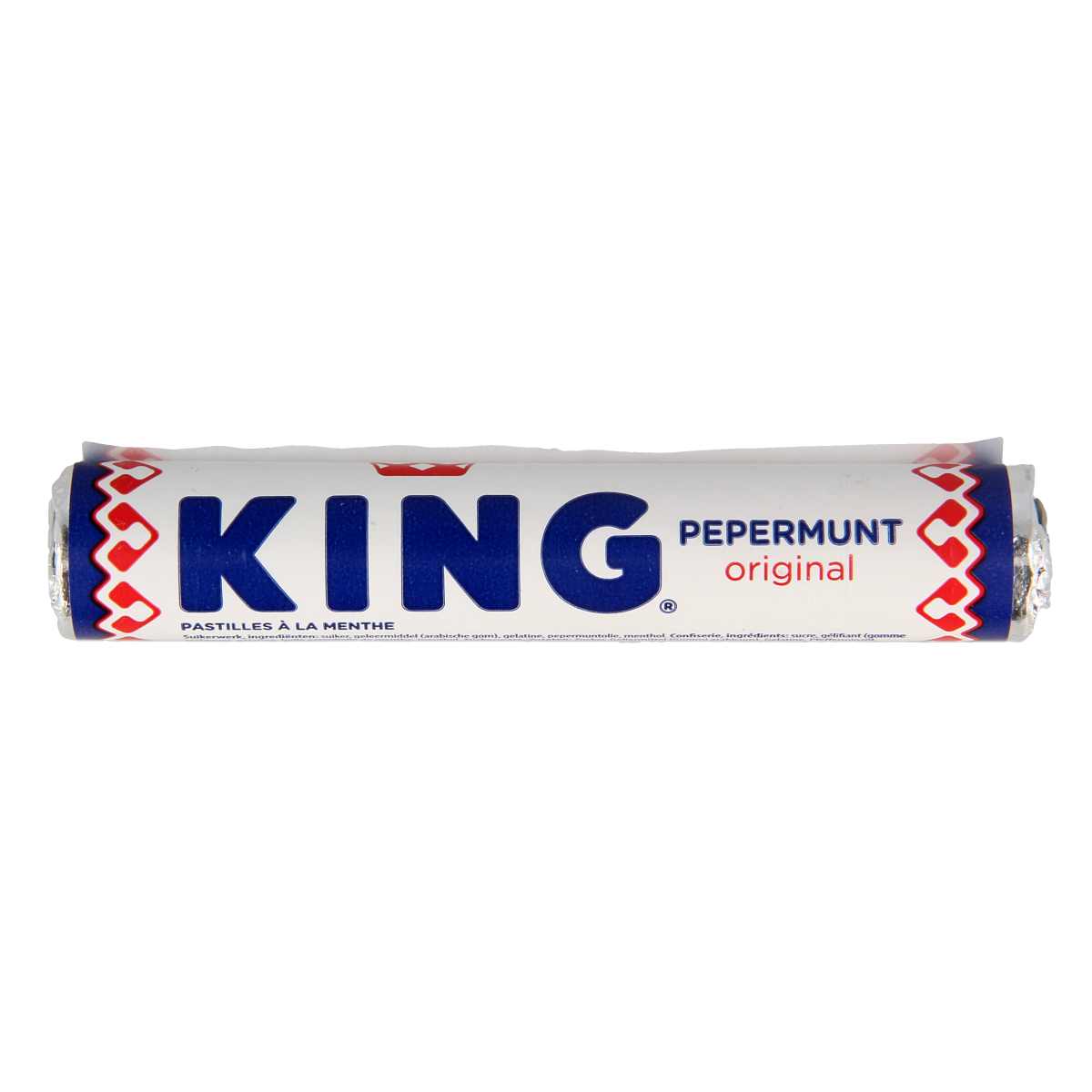 King Pepermunt 1.00 Rol snoepgoed, peppermint flavored candies in a clear plastic roll, branded by King.