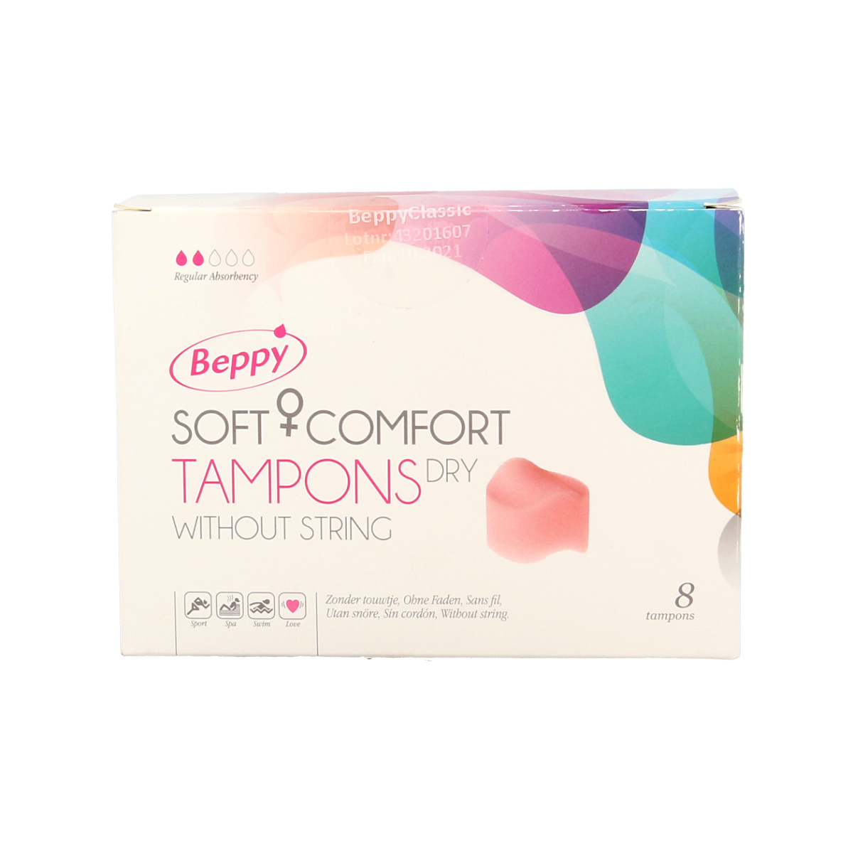 Beppy Soft+ comfort tampons dry pack of 8, feminine hygiene product designed for comfort and discretion.
