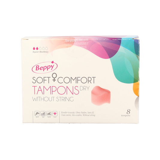 Beppy Soft+ comfort tampons dry pack of 8, feminine hygiene product designed for comfort and discretion.