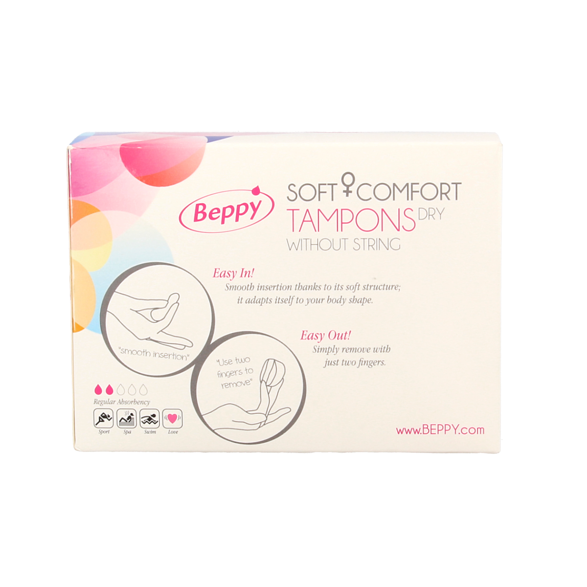 Beppy Soft+ comfort tampons dry pack with 8 pieces, discreet feminine hygiene product for comfortable protection.