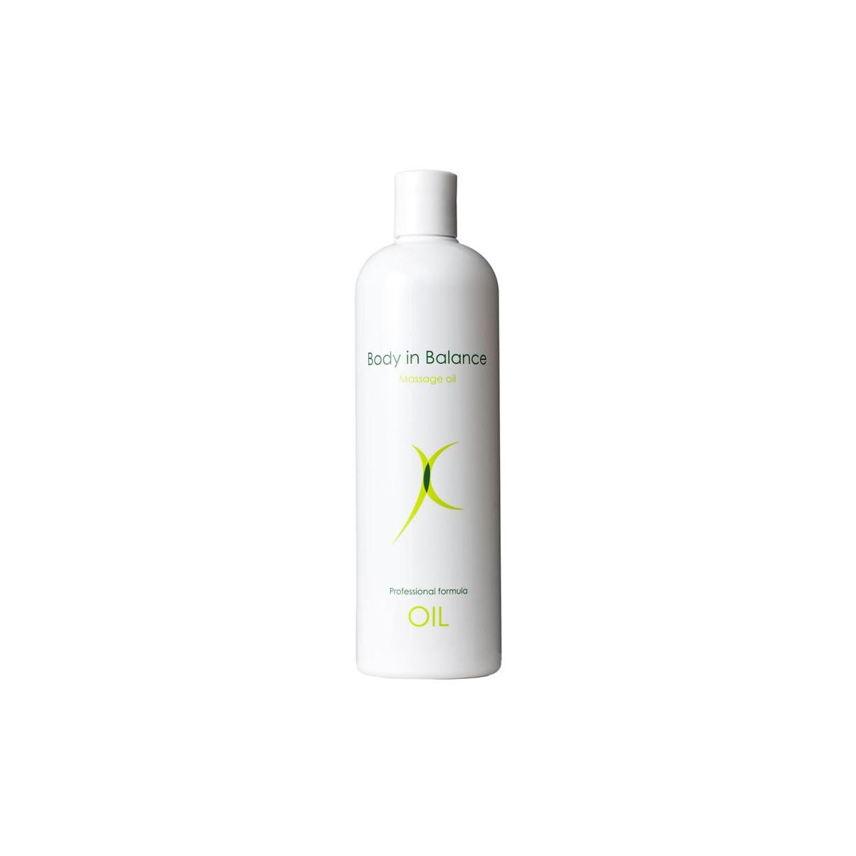 Asha Body in Balance massage oil bottle, 500ml, with a sleek label and cap, showcasing Asha Lichaamsverzorging product.