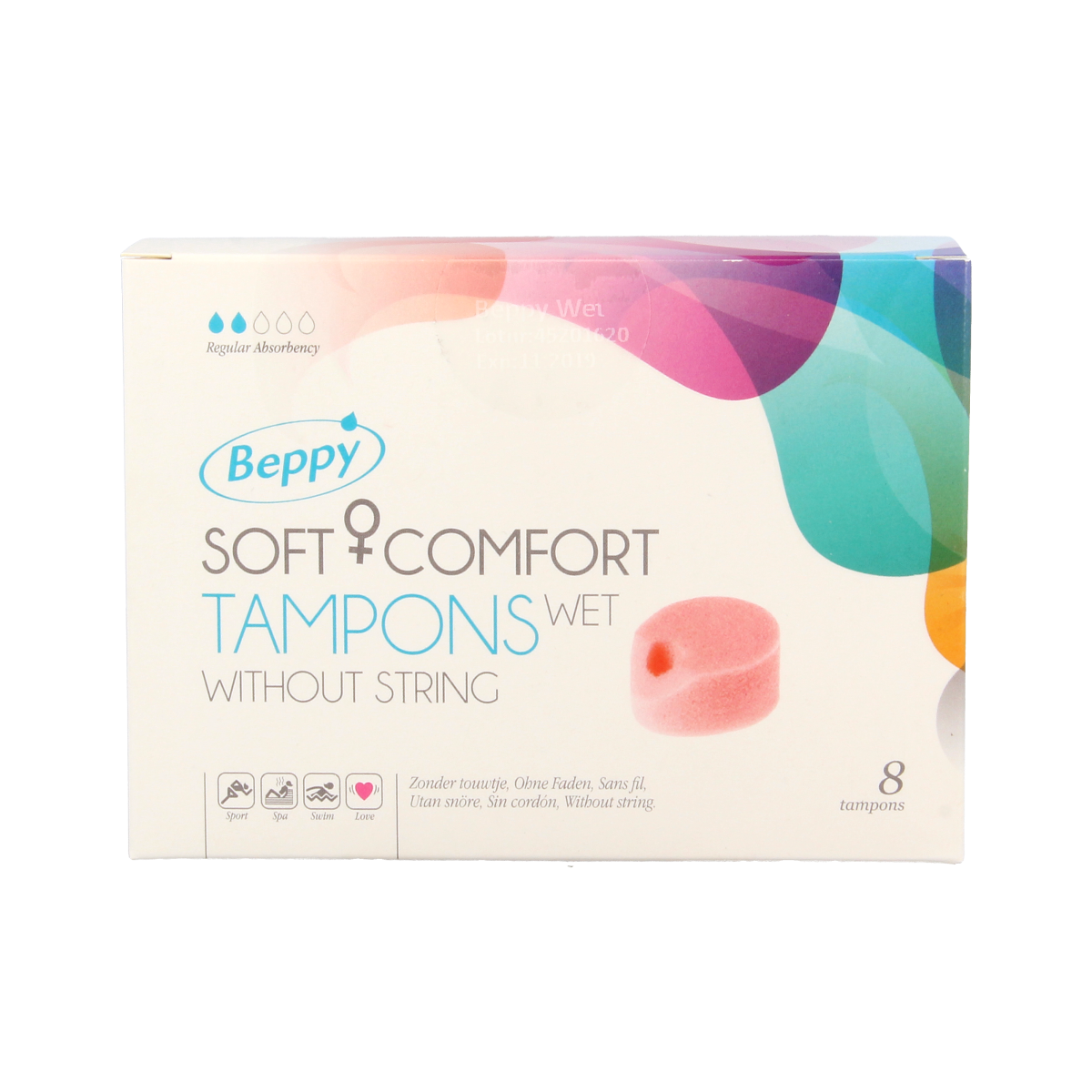 Beppy Soft+ comfort tampons wet, 8-pack, feminine hygiene product for women, with discreet packaging and absorbent design.