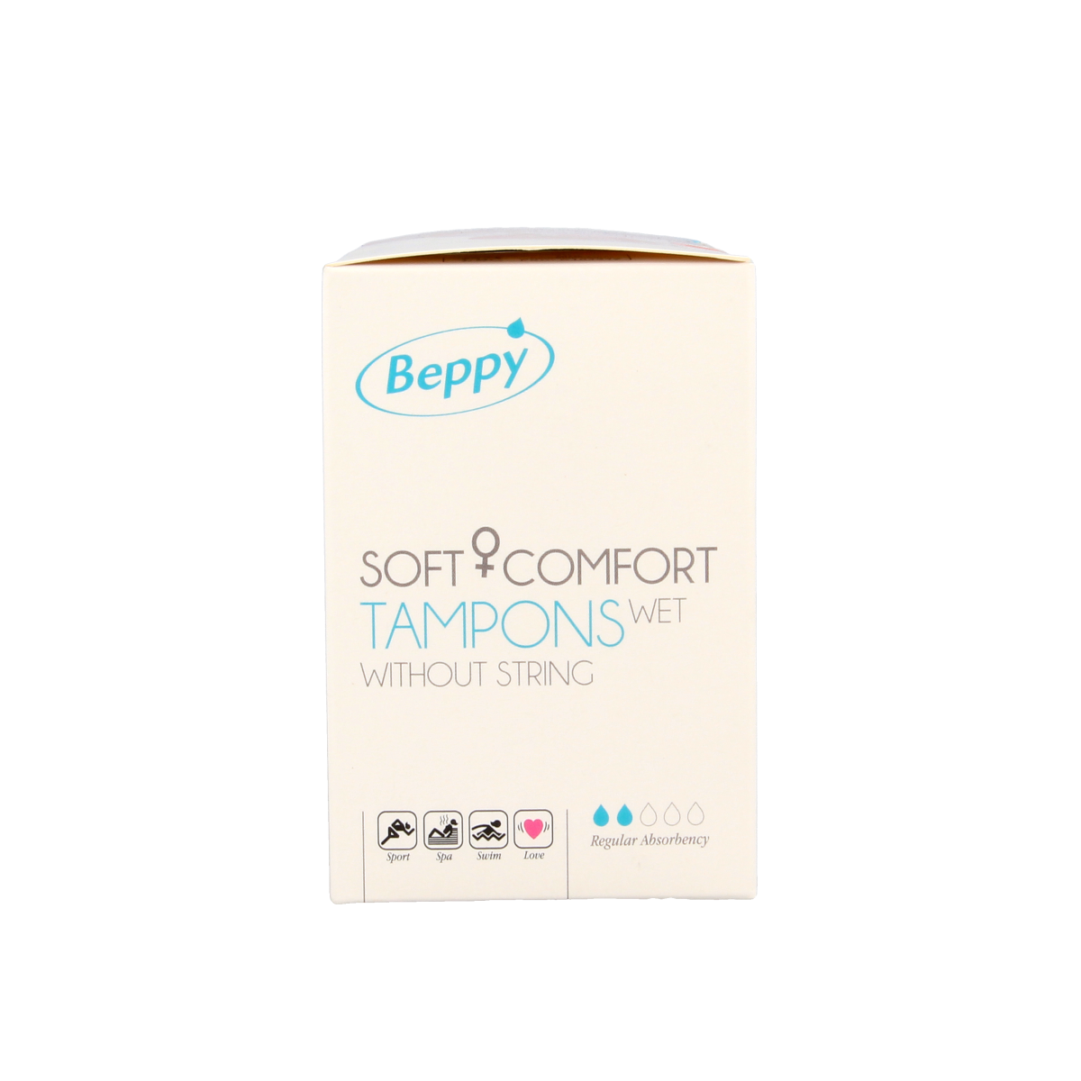Beppy Soft+ comfort tampons in wet, 8-pack, for women, showing the tampons with packaging and branding details.