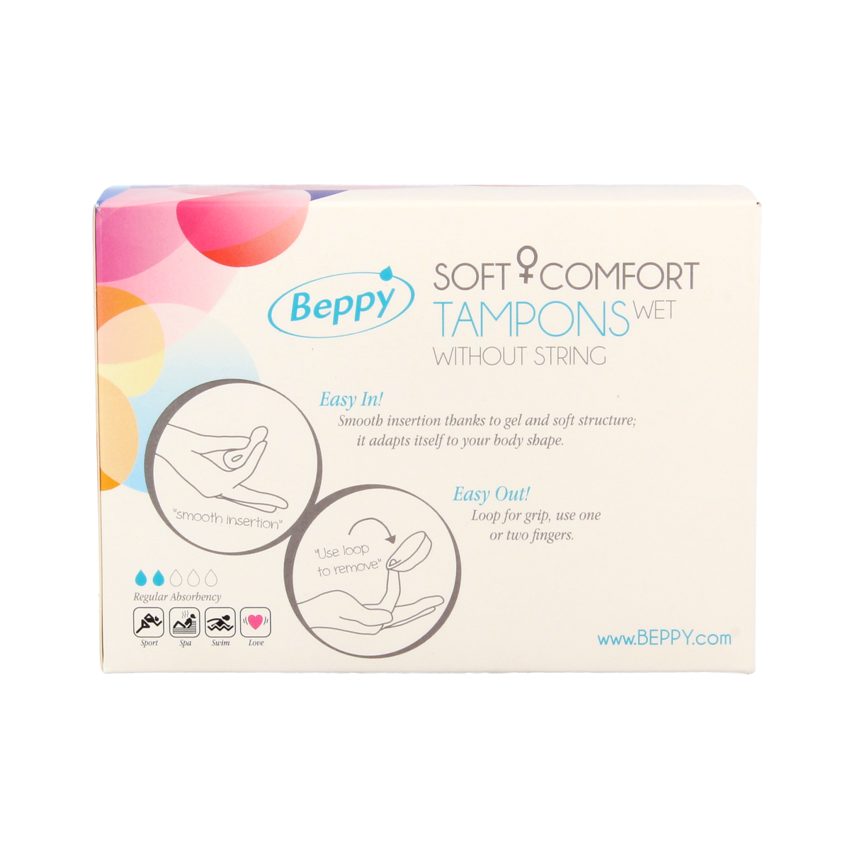Beppy Soft+ comfort tampons in wet, 8-pack, designed for women, showing the tampons and packaging.