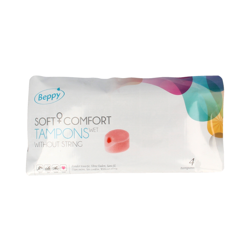 Beppy Soft+ comfort tampons in wet, 4-pack, designed for women, featuring soft applicator and discreet packaging.