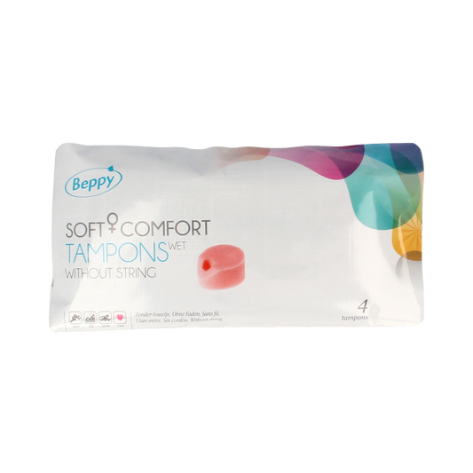 Beppy Soft+ comfort tampons in wet, 4-pack, designed for women, featuring soft applicator and discreet packaging.