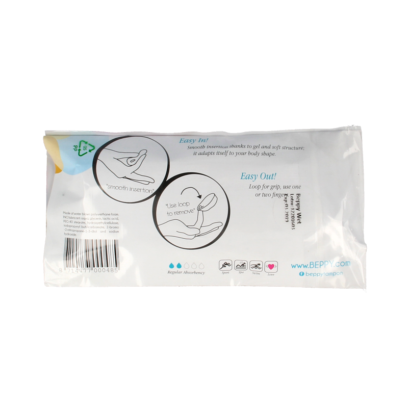 Beppy Soft+ comfort tampons wet, 4-pack, designed for women, showing the tampons and packaging in a natural setting.