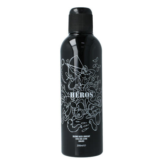 Heros Siliconen glijmiddel in 200ml bottle, smooth lubricant for enhanced comfort and intimacy, with clear plastic packaging.